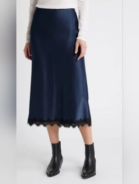 Treasure And Bond Lace Trim Bias Cut Satin Navy Skirt XL
